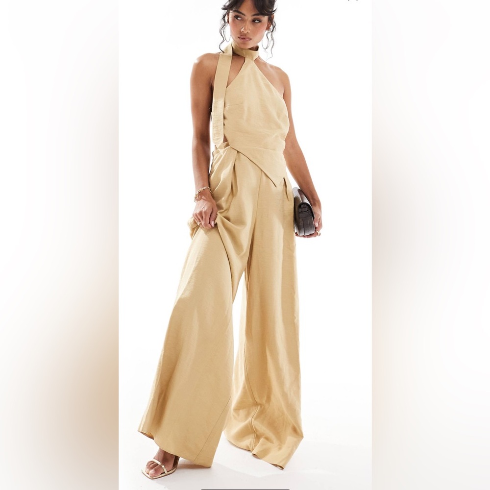 ASOS DESIGN halterneck tie detail wide leg jumpsuit in brown